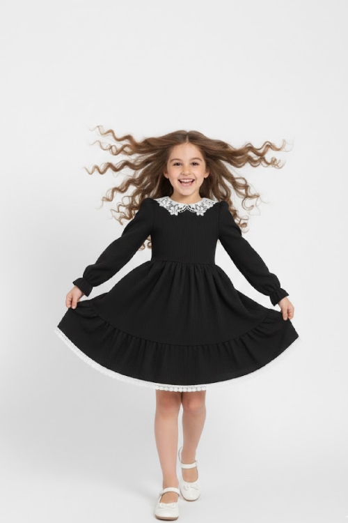 Kız Çocuk Elbise -Bürümcük Kumaş-Yaka ve Etek Uçları Nakış Detaylı 4-9 Yaş 12516
