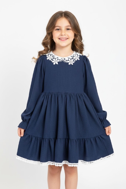 Kız Çocuk Elbise -Bürümcük Kumaş-Yaka ve Etek Uçları Nakış Detaylı 4-9 Yaş 12516