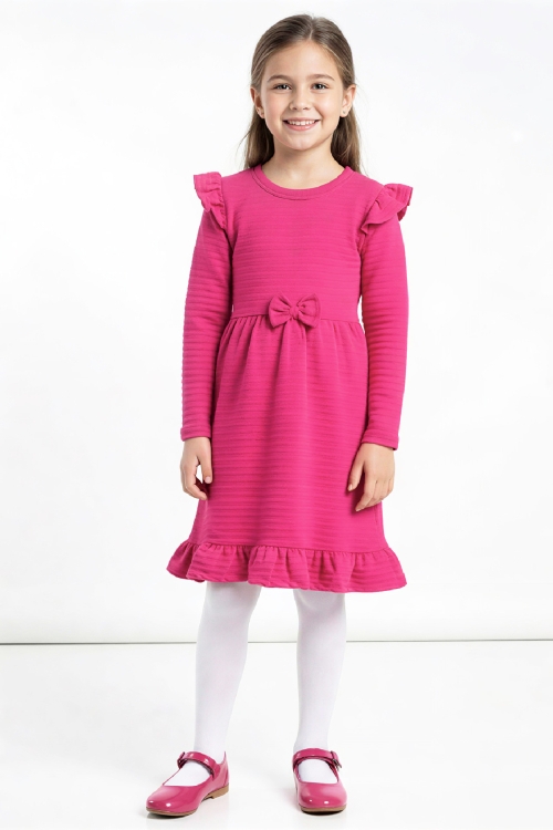 Kız Çocuk Elbise -Fırfır Omuzlu-Fiyonk Detaylı 2-10 Yaş 12531