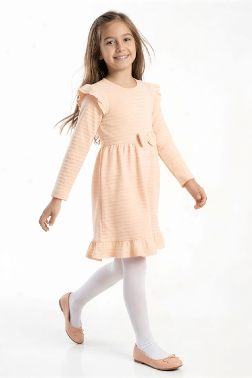 Kız Çocuk Elbise -Fırfır Omuzlu-Fiyonk Detaylı 2-10 Yaş 12531
