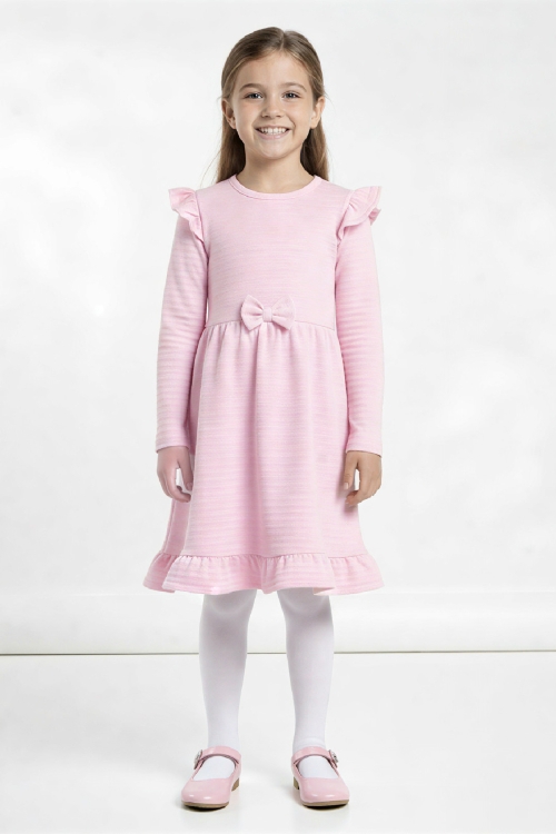 Kız Çocuk Elbise -Fırfır Omuzlu-Fiyonk Detaylı 2-10 Yaş 12531