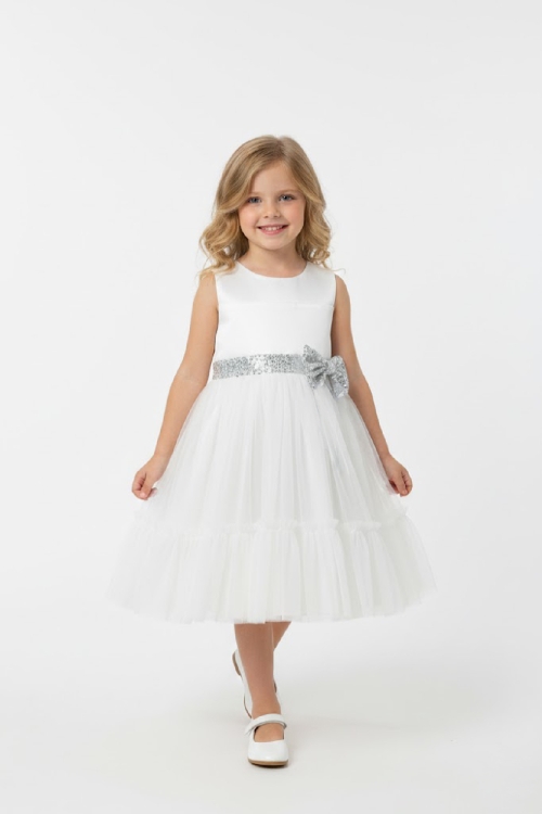 Kız Çocuk Elbise -Saten Tüllü Kumaş-Kuşak ve Fiyonk Detaylı 2-8 Yaş 12517