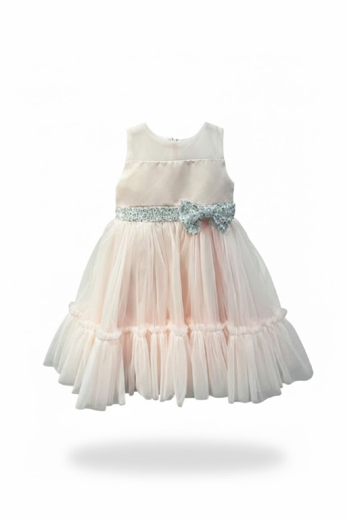 Kız Çocuk Elbise -Saten Tüllü Kumaş-Kuşak ve Fiyonk Detaylı 2-8 Yaş 12517
