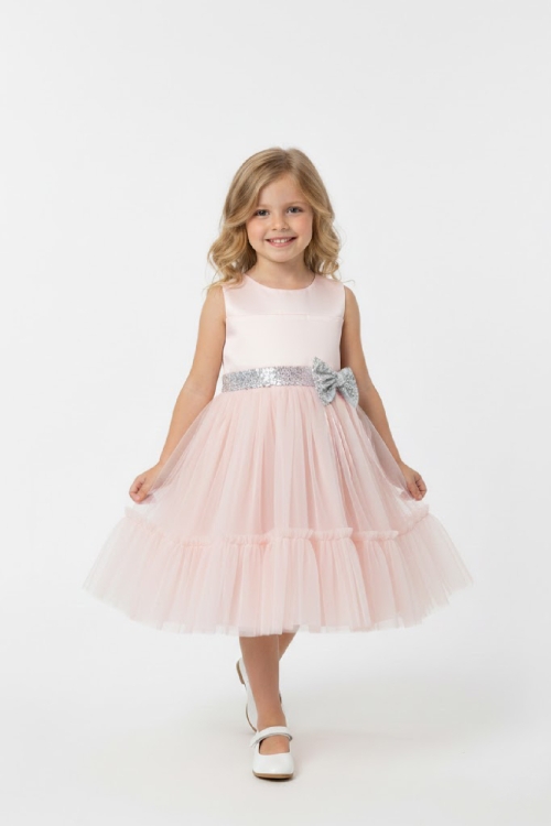 Kız Çocuk Elbise -Saten Tüllü Kumaş-Kuşak ve Fiyonk Detaylı 2-8 Yaş 12517