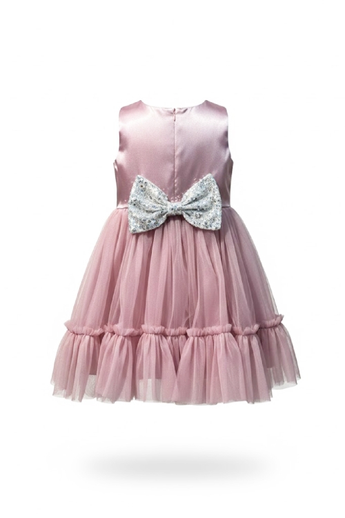 Kız Çocuk Elbise -Saten Tüllü Kumaş-Kuşak ve Fiyonk Detaylı 2-8 Yaş 12517