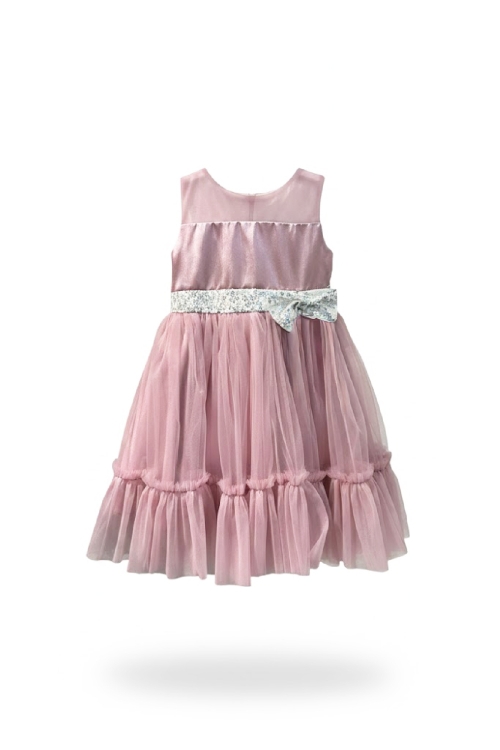 Kız Çocuk Elbise -Saten Tüllü Kumaş-Kuşak ve Fiyonk Detaylı 2-8 Yaş 12517