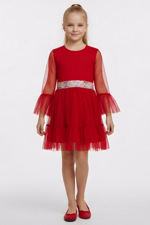 Kız Çocuk Elbise -Tül Kaplamalı-Beli Pul Detaylı 2-10 Yaş 12529