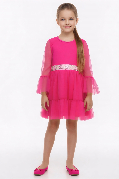 Kız Çocuk Elbise -Tül Kaplamalı-Beli Pul Detaylı 2-10 Yaş 12529