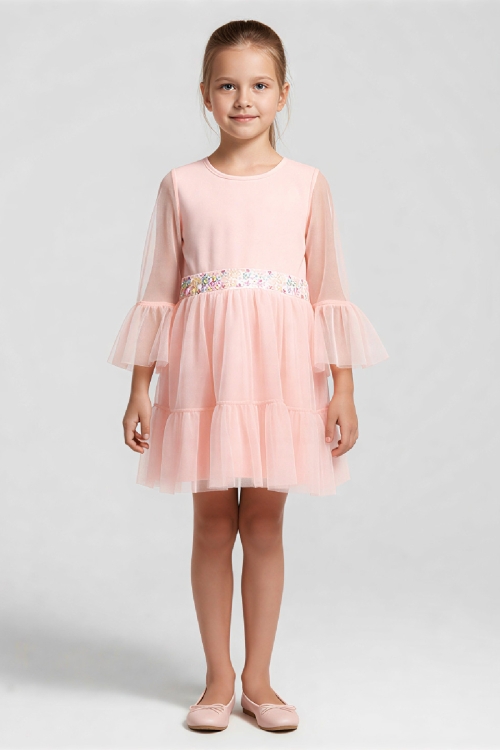 Kız Çocuk Elbise -Tül Kaplamalı-Beli Pul Detaylı 2-10 Yaş 12529