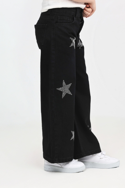 Kız Çocuk Esnek Belli Likralı Geniş Kesim Jean Pantolon 6-14 Yaş 12369