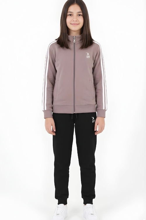 Kız Çocuk Eşofman Takımı-Fermuarlı-Hakim Yaka-Şerit Detaylı 12-16 Yaş 12379