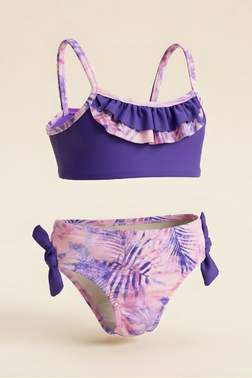 Kız Çocuk Fırfır Detaylı ve Yandan Bağcıklı Mayo Takımı 3-12 Yaş 12598B