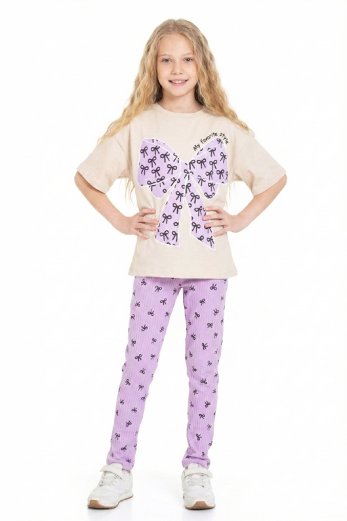 Kız Çocuk Fiyonk Baskılı-Taytlı Alt-Üst Takım 3-10 Yaş 12552