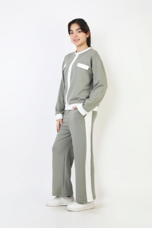 Kız Çocuk Garni Detaylı ve Geniş Paçalı Alt-Üst Takım 12502