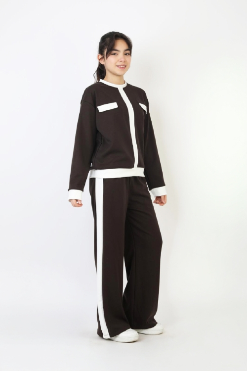 Kız Çocuk Garni Detaylı ve Geniş Paçalı Alt-Üst Takım 12502