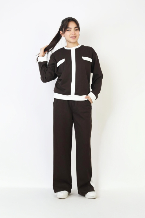 Kız Çocuk Garni Detaylı ve Geniş Paçalı Alt-Üst Takım 12502