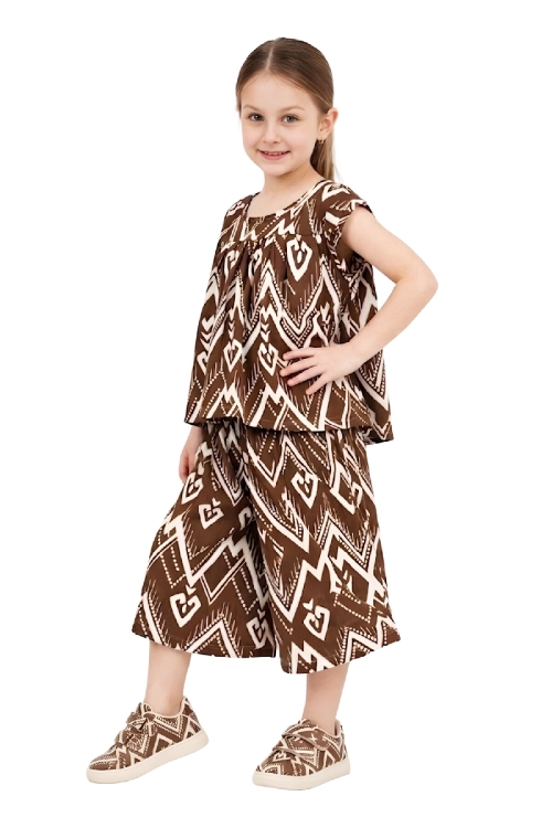 Kız Çocuk Geniş Kaprili ve Desen Detaylı Alt-Üst Takım 2-12 Yaş 12578HC