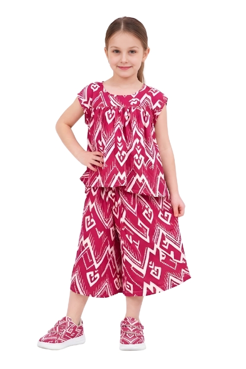 Kız Çocuk Geniş Kaprili ve Desen Detaylı Alt-Üst Takım 2-12 Yaş 12578HC