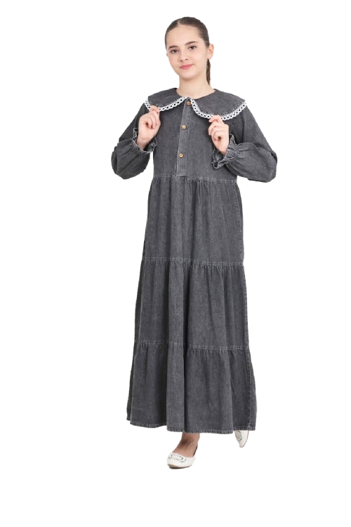 Kız Çocuk Geniş Yakalı ve Yaka Uçları Dantel Detaylı Uzun Jean Elbise 12468