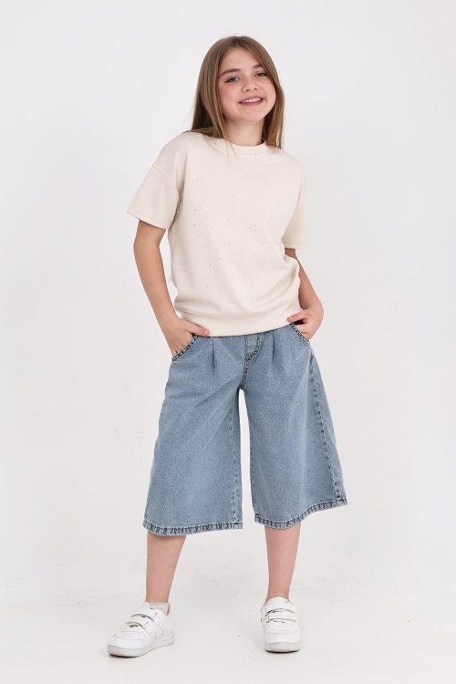 Kız Çocuk Jean Kaprili 2li Alt-Üst Takım 7-12 Yaş 12673SK
