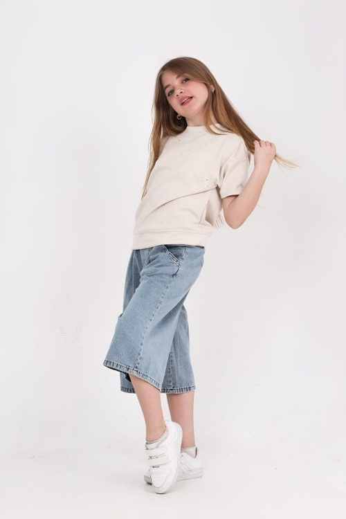 Kız Çocuk Jean Kaprili 2li Alt-Üst Takım 7-12 Yaş 12673SK