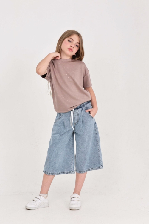 Kız Çocuk Jean Kaprili 2li Alt-Üst Takım 7-12 Yaş 12673SK