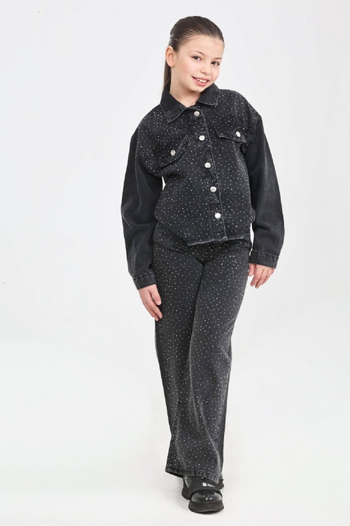 Kız Çocuk Jean Takım-Taş Süslemeli ( Ceket+Pantolon) 12452