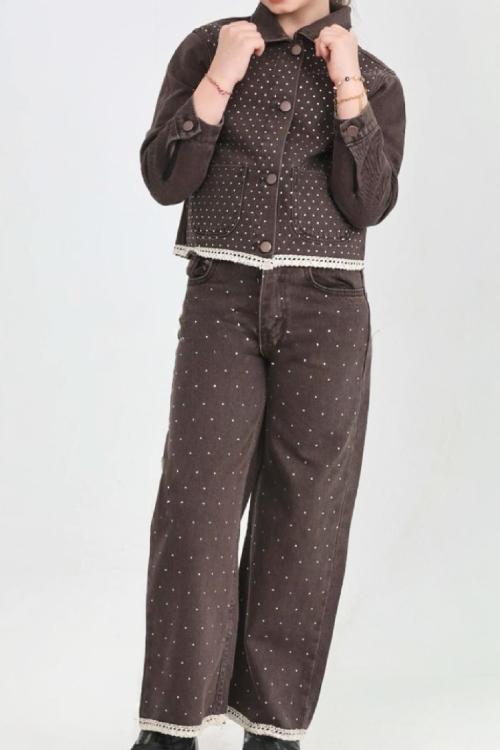 Kız Çocuk Jean Takım-Taş Süslemeli ve Nakış Detaylı 2-12 Yaş 12507