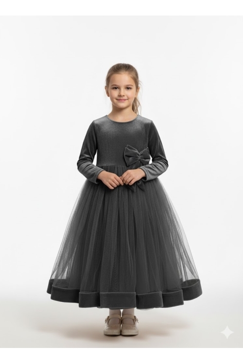 Kız Çocuk Kadife Elbise-Tül Detaylı-Fiyonk Süslemeli 7-12 Yaş 12441