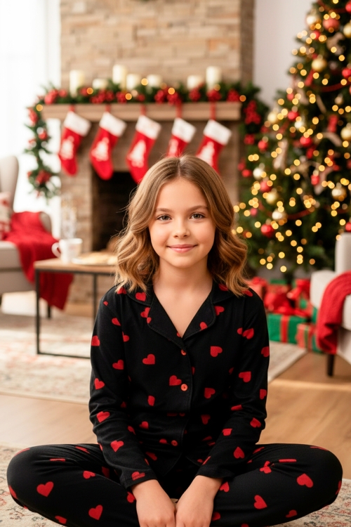 Kız Çocuk Kalp Baskılı Kadife/Süet Pijama Takımı -12490
