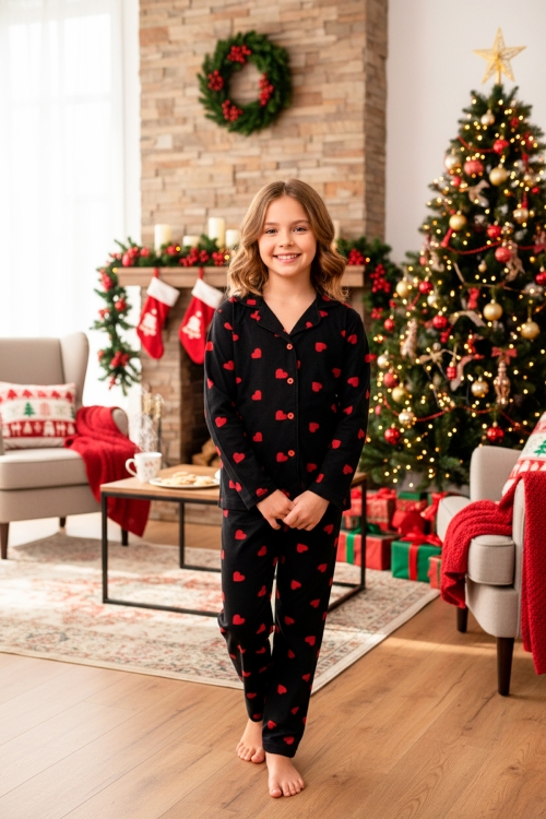 Kız Çocuk Kalp Baskılı Kadife/Süet Pijama Takımı -12490