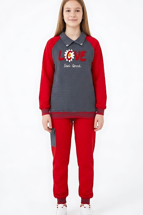 Kız Çocuk Kargo Cepli Gömlek Yakalı ve Yaka Taşlı 3 İplik  Alt Üst Takım 12328