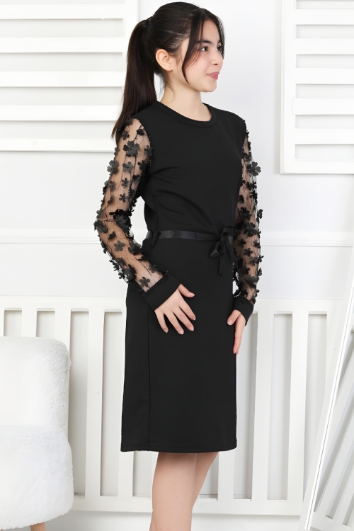 Kız Çocuk Kolları Tüllü ve Yonca+ Taş Süslemeli Elbise 9-15 Yaş 12565