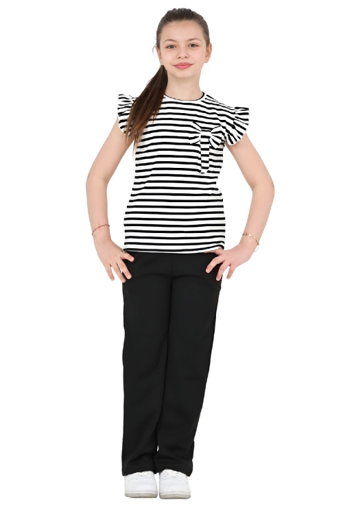 Kız Çocuk Omuz Fırfırlı ve Fiyonk Detaylı Alt-Üst Takım 4-8 Yaş 12576