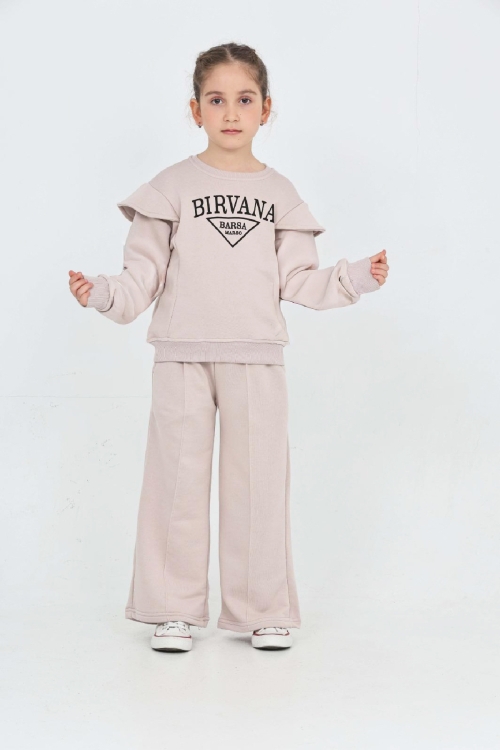 Kız Çocuk Omuz Vatka Detaylı 3 İplik Eşofman Takımı 4-8 Yaş 12560