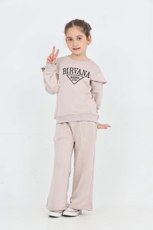 Kız Çocuk Omuz Vatka Detaylı 3 İplik Eşofman Takımı 4-8 Yaş 12560