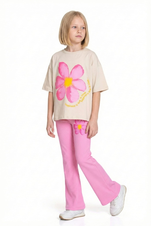 Kız Çocuk Papatya Baskılı-Taytlı Alt-Üst Takım 4-10 Yaş 12548