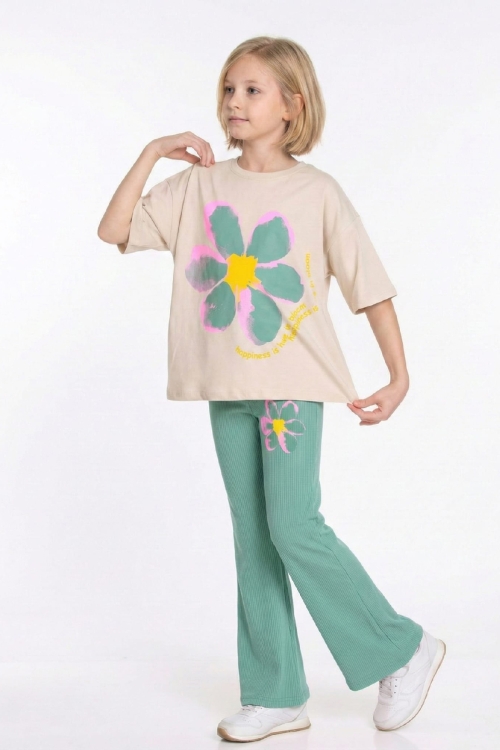 Kız Çocuk Papatya Baskılı-Taytlı Alt-Üst Takım 4-10 Yaş 12548
