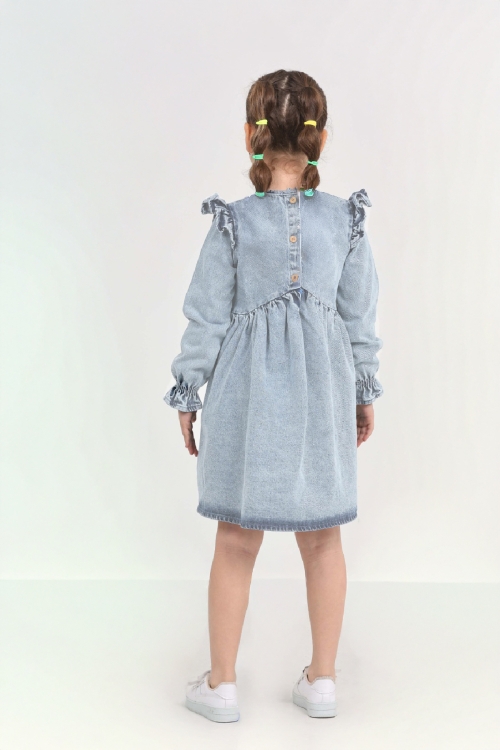 Kız Çocuk Papatya Nakışlı Omuz Fırfırlı Jean Elbise 12466