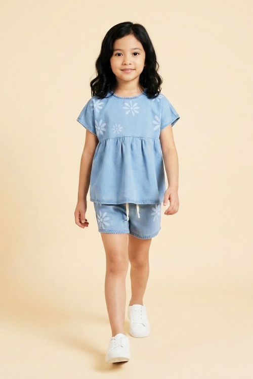 Kız Çocuk Şortlu ve Bluzlu Jean Alt-Üst Takım 3-10 Yaş 12656OZ