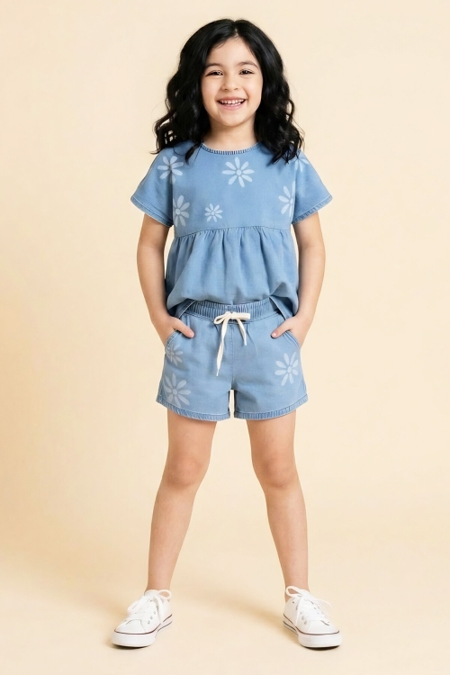 Kız Çocuk Şortlu ve Bluzlu Jean Alt-Üst Takım 3-10 Yaş 12656OZ