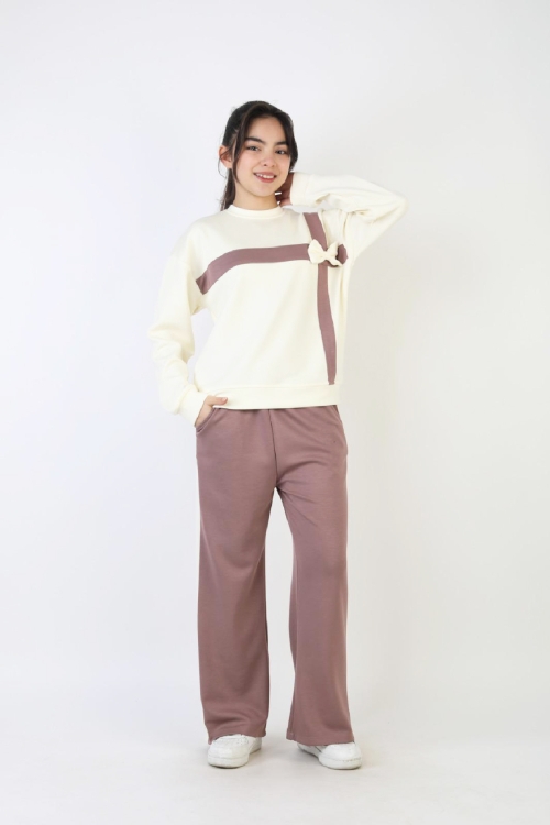 Kız Çocuk Takım - Double Face Kumaş-Fiyonk Detaylı ve Geniş Paçalı 12508