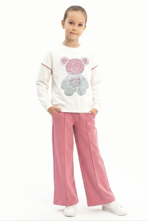 Kız Çocuk Taş İşlemeli Ayıcık ve Kalp Baskılı 2 İplik Alt-Üst Takım 3-12 Yaş 12477