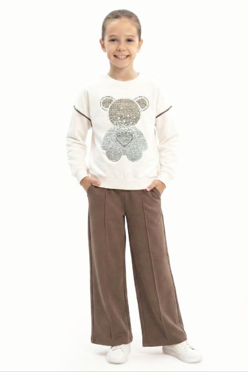 Kız Çocuk Taş İşlemeli Ayıcık ve Kalp Baskılı 2 İplik Alt-Üst Takım 3-12 Yaş 12477