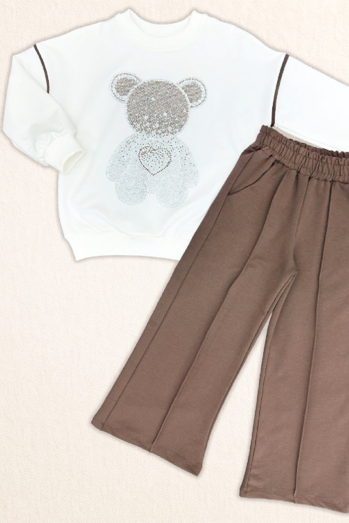 Kız Çocuk Taş İşlemeli Ayıcık ve Kalp Baskılı 2 İplik Alt-Üst Takım 3-12 Yaş 12477