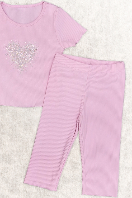 Kız Çocuk Taş İşlemeli Kalp Desenli Alt-Üst Takım 4-12 Yaş 12562