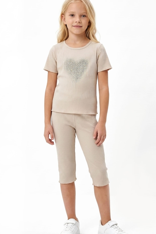 Kız Çocuk Taş İşlemeli Kalp Desenli Alt-Üst Takım 4-12 Yaş 12562