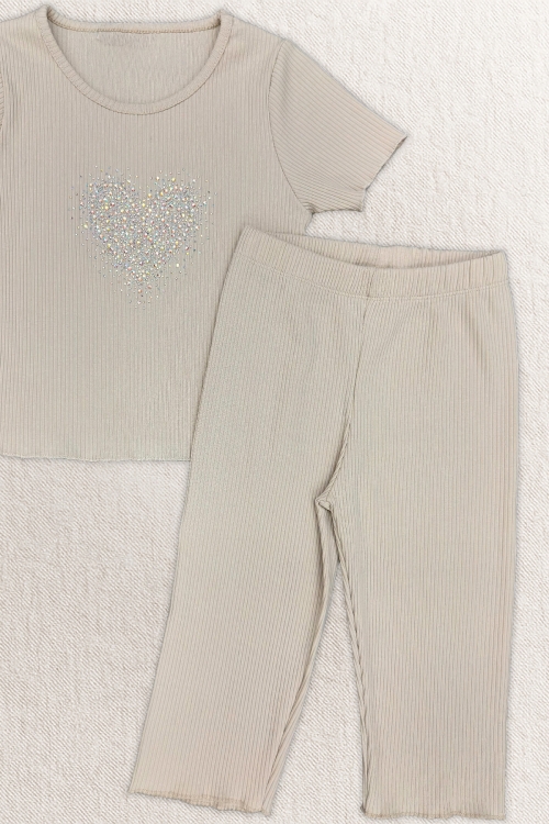 Kız Çocuk Taş İşlemeli Kalp Desenli Alt-Üst Takım 4-12 Yaş 12562