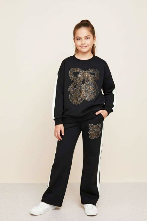 Kız Çocuk Taş İşlemeli Kiraz Ve Fiyonk Desenli-2 İplik-Alt-Üst Takım-5-12 Yaş 12445