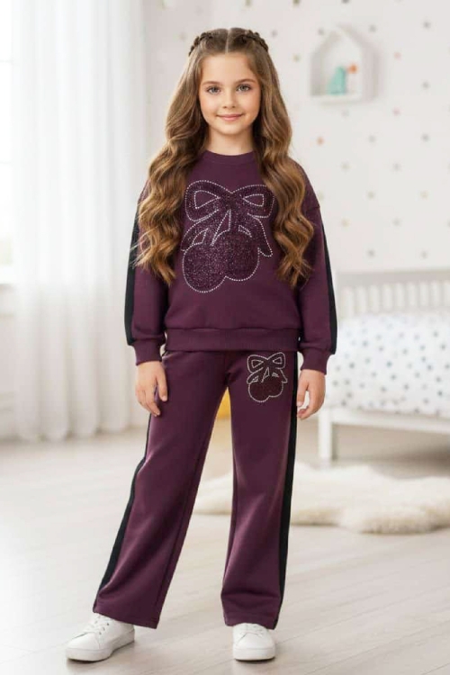 Kız Çocuk Taş İşlemeli Kiraz Ve Fiyonk Desenli-2 İplik-Alt-Üst Takım-5-12 Yaş 12445